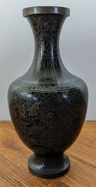 Antique Chinese Black Cloisonne Vase 23cm Dragons Chasing Pearls