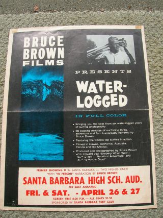 Vintage Surfing Surf Movie Poster Surfboard Bruce Brown Water Logged Surfer 1960