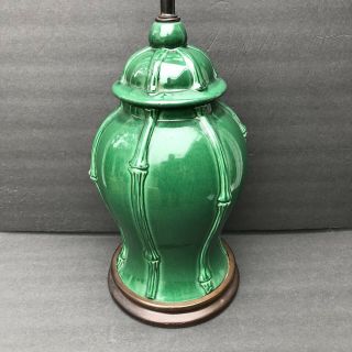 Vintage Hollywood Regency Palm Beach Deep Green Faux Bamboo Ginger Jar Lamp 19”