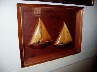 Vintage Mid Century Yacht Half Hull Wood Sailboats Ship Model Diorama Frame Box