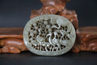 Chinese Antique Hetian Jade Hand Carved Flowers And Birds Pendant Plaque