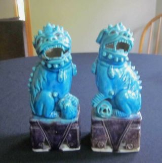Two Vintage Chinese Blue Porcelain Turquoise Glazed Foo Dogs Lion 6 " Flawed