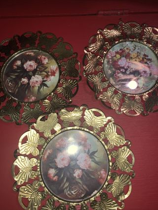 Vintage 3 Metal Butterfly Frame With Picture Of Flowers 6” Diameter England