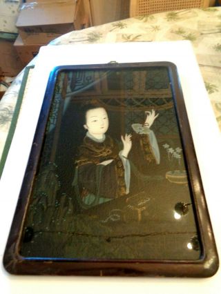 Attractive Antique Japanese Reverse Painting On Glass,  Japanese Lady