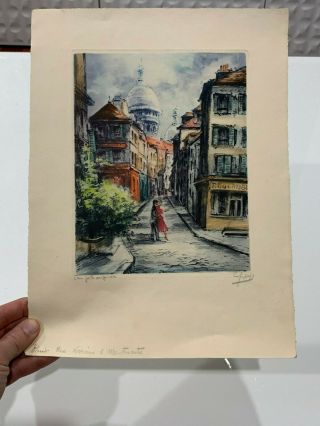 Vintage French Signed Etching Paris Print Rue Norvins A Montmartre