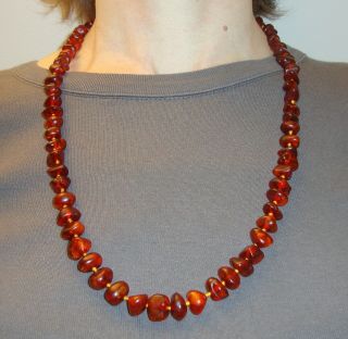 Vintage Italian Hand - Knotted Baltic Amber Nugget Bead Necklace (18k Gold Clasp)
