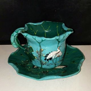 Banko Ware Japanese Antique 萬古 Pottery Blue Cup And Saucer Hand Painted Cranes