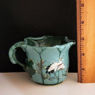 Banko Ware Japanese Antique 萬古 Pottery Blue Cup and Saucer hand painted cranes 2
