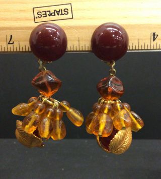 Vtg Philippe Ferrandis Earrings Brown And Yellow Glass Beads Gold Leaves