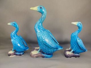 3 Antique Chinese Export Porcelain Turquoise Duck Goose Figures Largest 6 1/4 "
