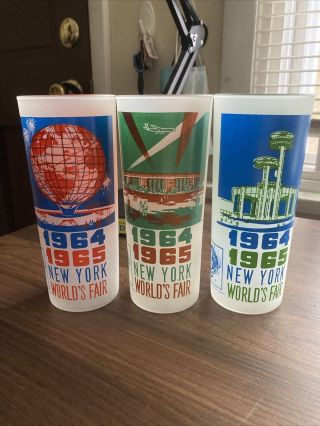 Set Of 3 1964 - 1965 York Worlds Fair Frosted Drinking Glasses