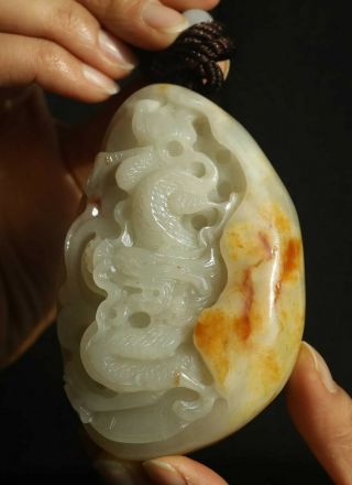 Chinese Old Natural Hetian White Jade Hand - Carved Statue Dragon Pendant 3.  9 Inch