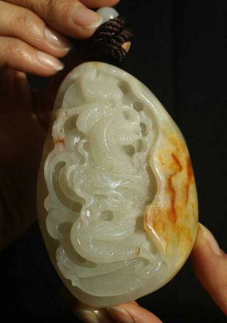 Chinese old natural hetian white jade hand - carved statue dragon pendant 3.  9 inch 2