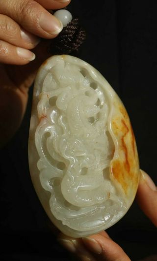 Chinese old natural hetian white jade hand - carved statue dragon pendant 3.  9 inch 3