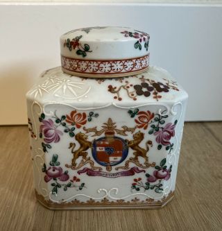 Antique Vintage Chinese Export? Signed Painted Porcelain Tea Caddy Coat Of Arms