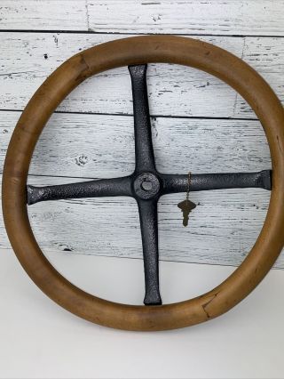 Vintage Authentic Wood 15” Steering Wheel 4 Spoke Model A Or T Ford With Key 69