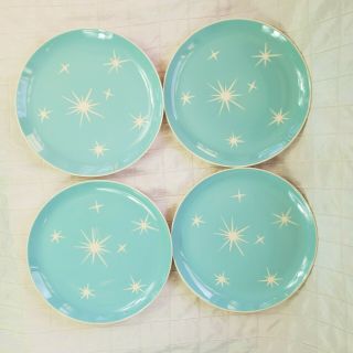 Rare Vintage Harkerware Blue Atomic Starburst Star Light Dinner Plate Set Of 4