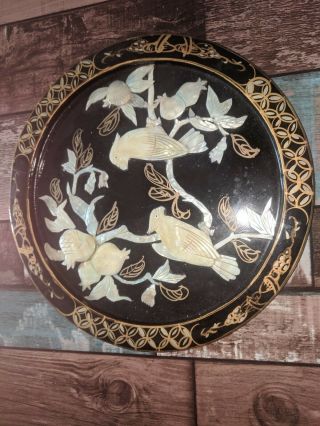 Chinese Mother Of Pearl Plaque Wooden Hand Carved Made Oriental Birds Picture