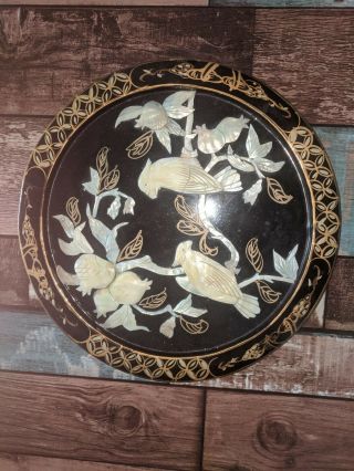 Chinese mother of pearl plaque wooden hand carved made ORIENTAL BIRDS PICTURE 2