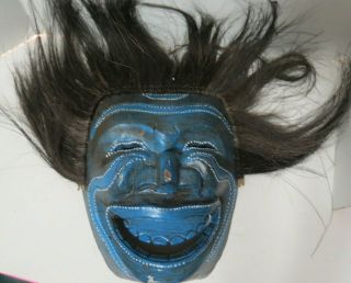 Vintage Hand Carved Kabuki Style Wooden Mask With Hair Wall Hanging