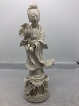 Antique Blanc De Chine Porcelain Guan Yin Statue Figurine Post 1940’s 8”