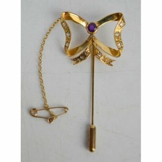 Vintage 9ct Gold Diamond And Amethyst Butterfly Or Bow Pin Brooch