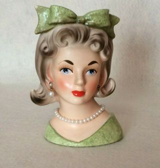 Vintage 50s Green Relpo 1696 Lady Head Vase With Pearl Jewelry & Hair Bow