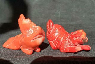 Set Of Two Antique Chinese Coral Beasts - Salmon Pink And Red Coral