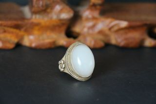 Antique Chinese Hand Carved White Jade Pendant Ring 925 Sterling Silver Inlay