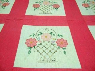 Vintage Handmade Pink Floral Applique W/ X - Stitch And Embroidery
