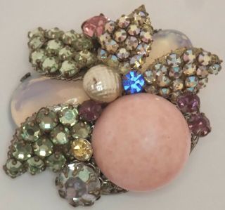 Vintage Miriam Haskell Multi Color Rhinestone Art Glass Pearl Flower Brooch