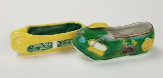 Antique / Vintage Chinese Famille Verte Porcelain Shoe Form Bowls Or Ash Trays