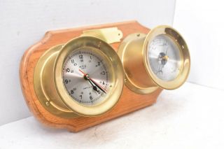 Vintage Brass Ships Clock And Barometer Set Hanging Wood Mount Nautical Boat
