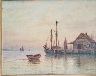 T.  BAILEY SIGNED FRAMED VTG OIL PAINTING OCEAN HARBOR SCENE with BOATS and SHACK 2