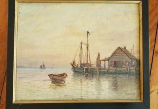 T.  BAILEY SIGNED FRAMED VTG OIL PAINTING OCEAN HARBOR SCENE with BOATS and SHACK 3