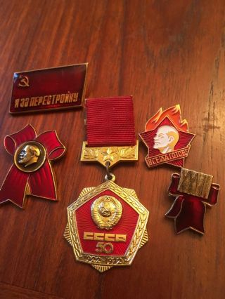 Ussr Soviet Russia Communist Propaganda Lenin Pin Badges Five Cccp Red Ribbon