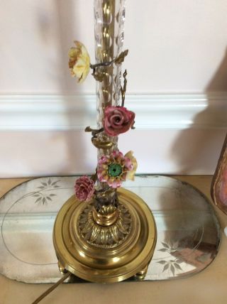 Shabby Antique Vtg Metal Glass Porcelain Flowers Roses French Italian Lamp