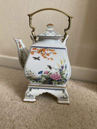 Vintage 1986 Fp Japanese Porcelain Oriental Asian Scenes Teapot W/stand Signed