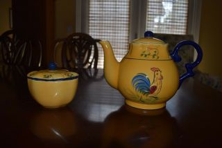 Cracker Barrel Yellow/red Country Rooster Teapot Sugar Bowl