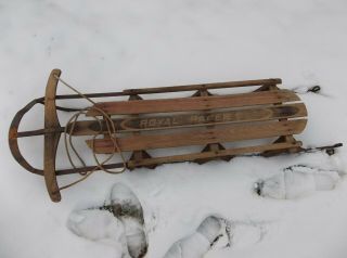 VINTAGE ROYAL RACER WOOD & IRON SNOW SLED WITH GUIDE BAR & USABLE 2