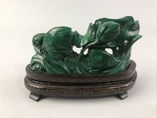 Fine Antique Carved Chinese Malachite Fish W/silver Wire Inlay Stand