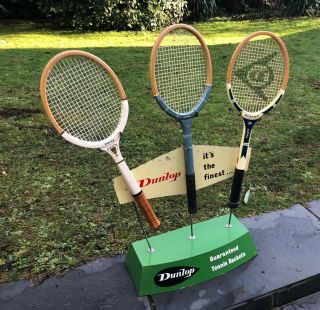 1950s Dunlop Tennis Racket Display Stand With 3 Vintage Dunlop Rackets