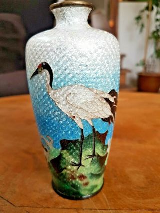 19th C Japanese Ginbari Cloisonne Enamel Crane Small Vase – Meiji Period