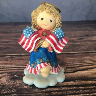 Americana Angel Figurine Patriotic Girl W/ American Flags 3.  5 " Resin Statue