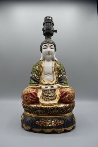 Antique Japanese Satsuma Pottery Large Seated Buddha Statue Figure Lamped