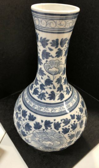 10,  5” Tall Large Vintage Blue And White Porcelain Vase Hand Painted In Thailand
