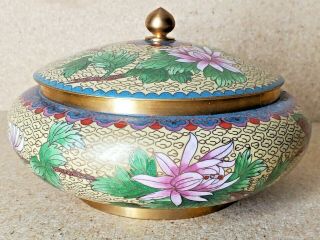 Vtg Chinese Cloisonne Footed Floral Decor Candy Box / Covered Bowl 7  W 4  T