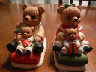 Vintage Set Of 2 Homco Christmas Bears On Winter Sleighs With Toys 5102