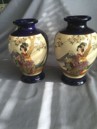 A Pair Vintage Japanese Hand Painted Satsuma Porcelain Vases