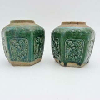 Pair Chinese Shiwan Green - Glazed Pottery Ginger Jars,  19th Century